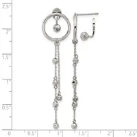 Silver-toned circular stud earring with dangling chain and beaded accents, shown next to a matching longer chain drop earring with beaded details, displayed on a measurement scale.