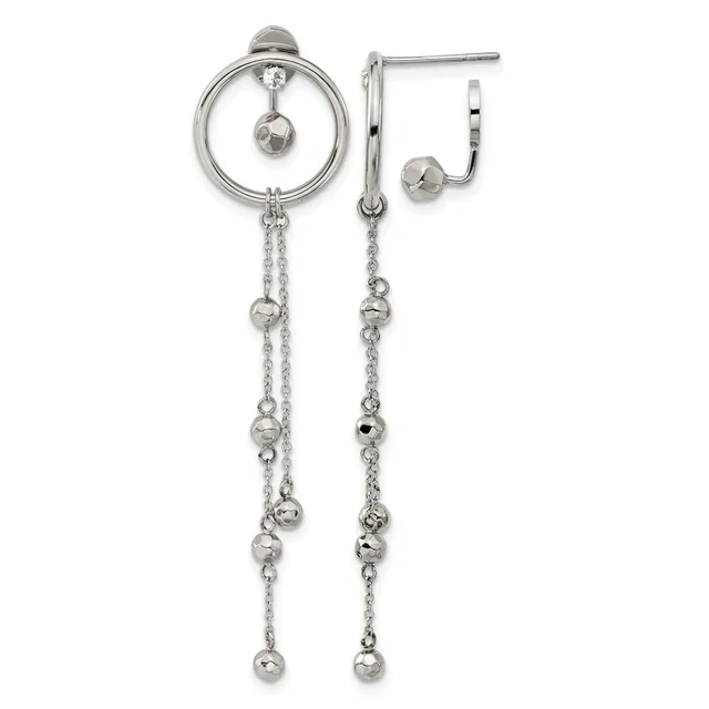 Sterling silver earrings consisting of a circular post earring with a dangling sphere and matching long chain drop earrings with beaded accents, shown against a white background.