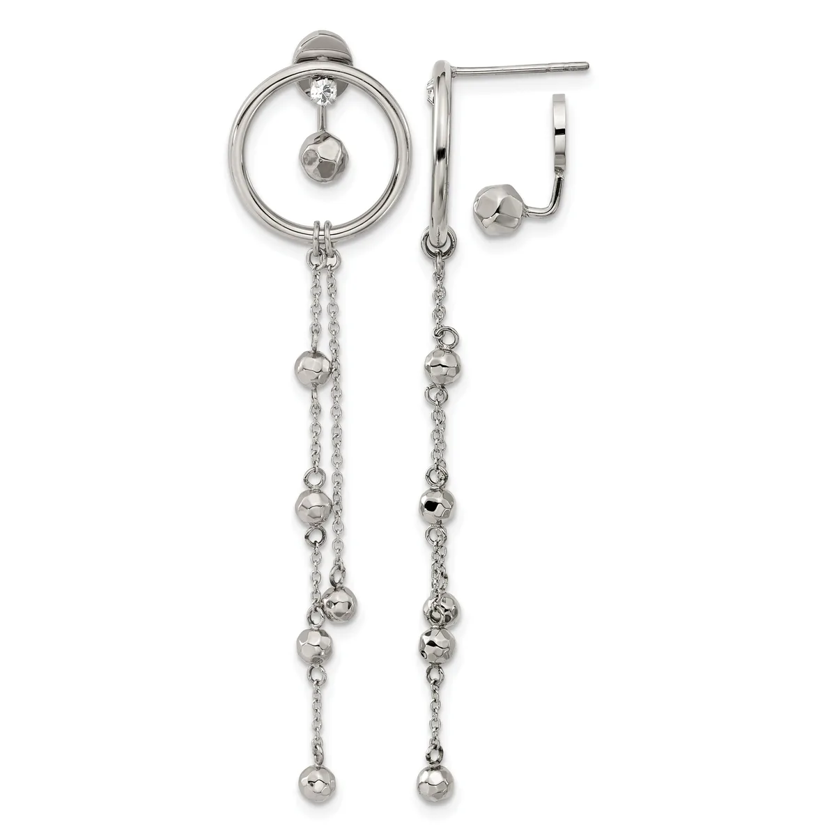 Sterling silver earrings consisting of a circular post earring with a dangling sphere and matching long chain drop earrings with beaded accents, shown against a white background.