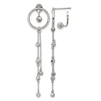 Sterling silver earrings consisting of a circular post earring with a dangling sphere and matching long chain drop earrings with beaded accents, shown against a white background.