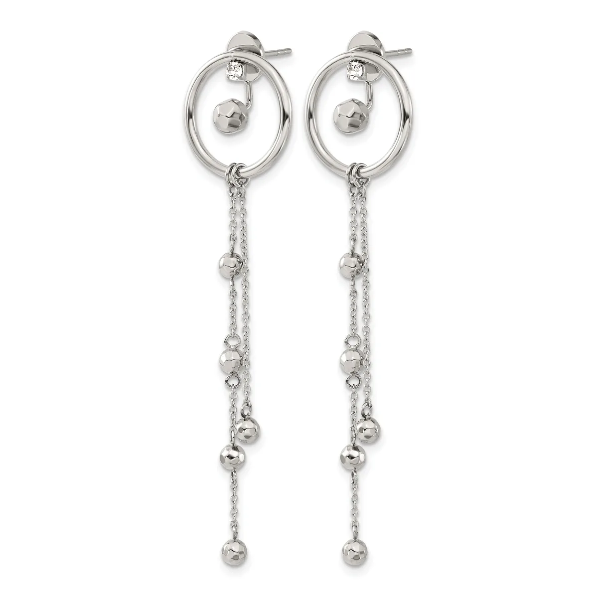 Pair of silver-toned drop earrings with oval hoops, dangling chain strands adorned with small spheres, displayed against a white background.