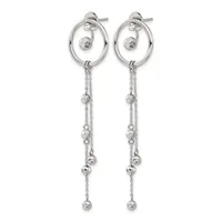 Pair of silver-toned drop earrings with oval hoops, dangling chain strands adorned with small spheres, displayed against a white background.