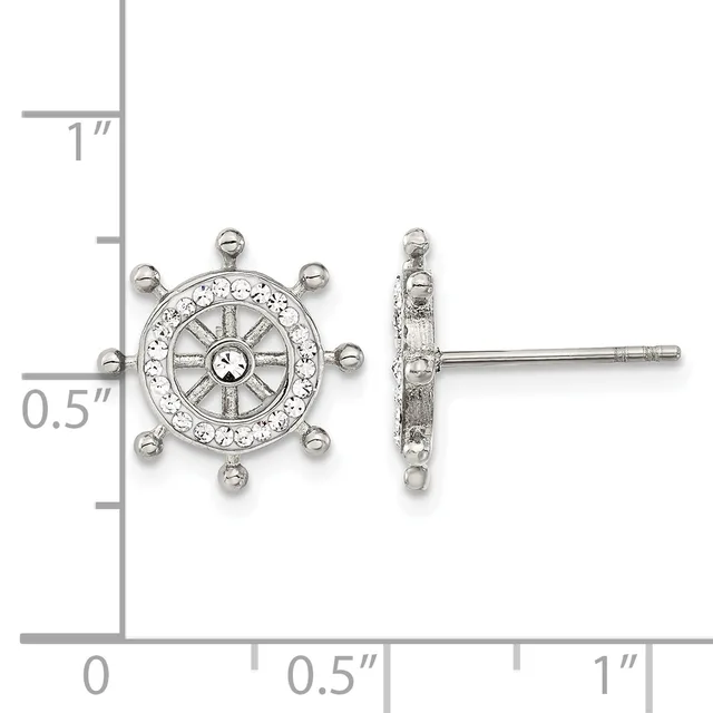 Silver-toned ship wheel stud earrings with textured borders and center detail, shown front and side view with measurement scale.