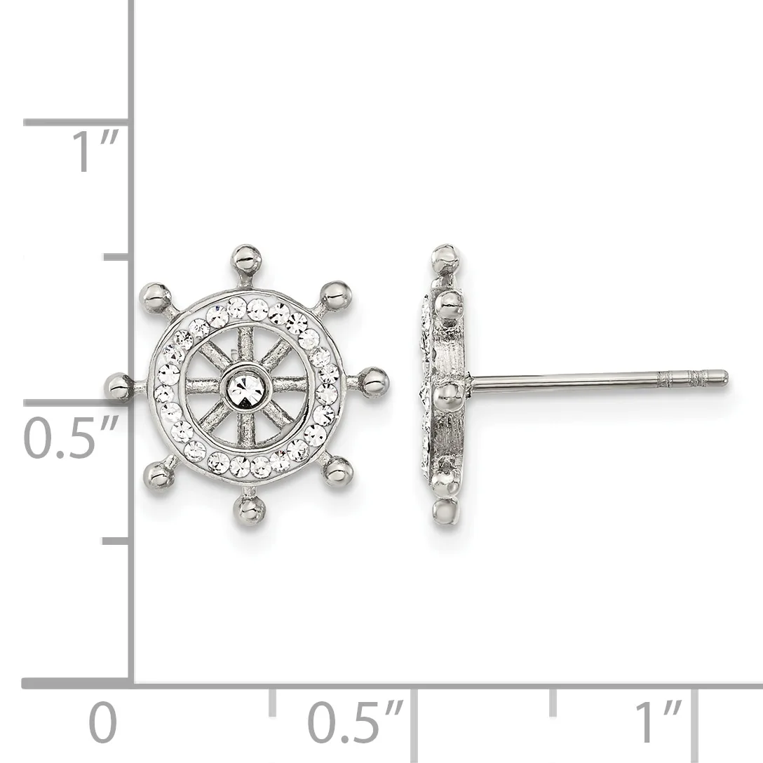 Silver-toned ship wheel stud earrings with textured borders and center detail, shown front and side view with measurement scale.