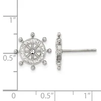 Silver-toned ship wheel stud earrings with textured borders and center detail, shown front and side view with measurement scale.