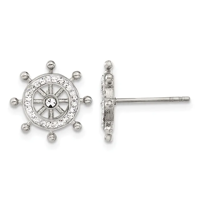 A pair of silver ship wheel-shaped earrings with crystal rhinestones around the rim and small ball posts, shown from front and side views.