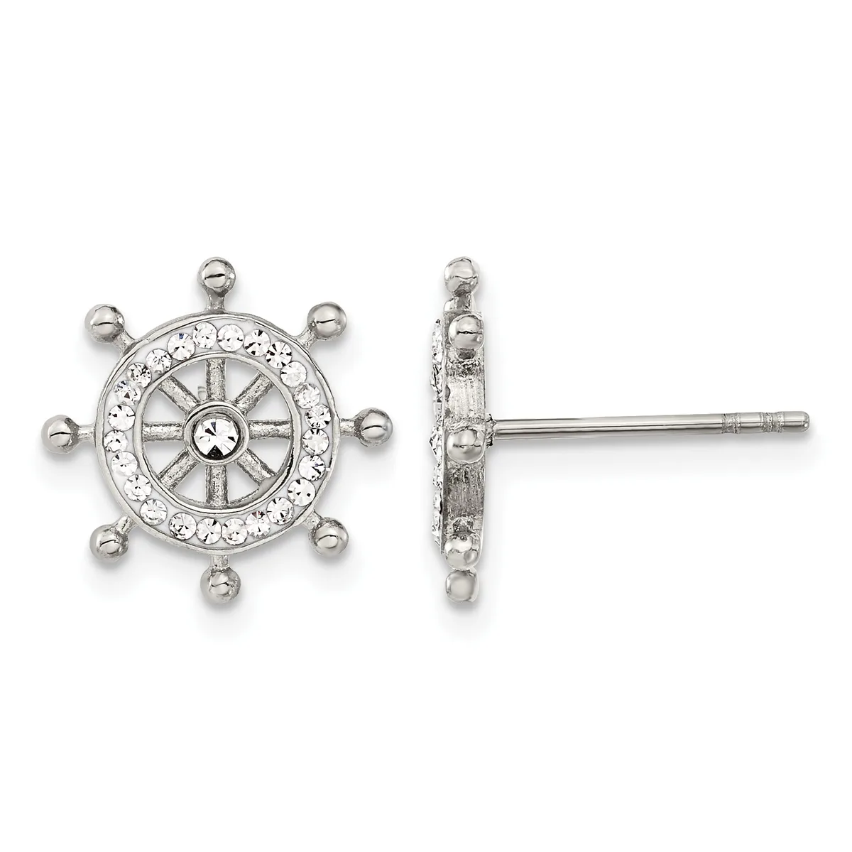 A pair of silver ship wheel-shaped earrings with crystal rhinestones around the rim and small ball posts, shown from front and side views.