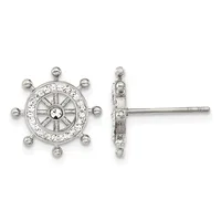 A pair of silver ship wheel-shaped earrings with crystal rhinestones around the rim and small ball posts, shown from front and side views.