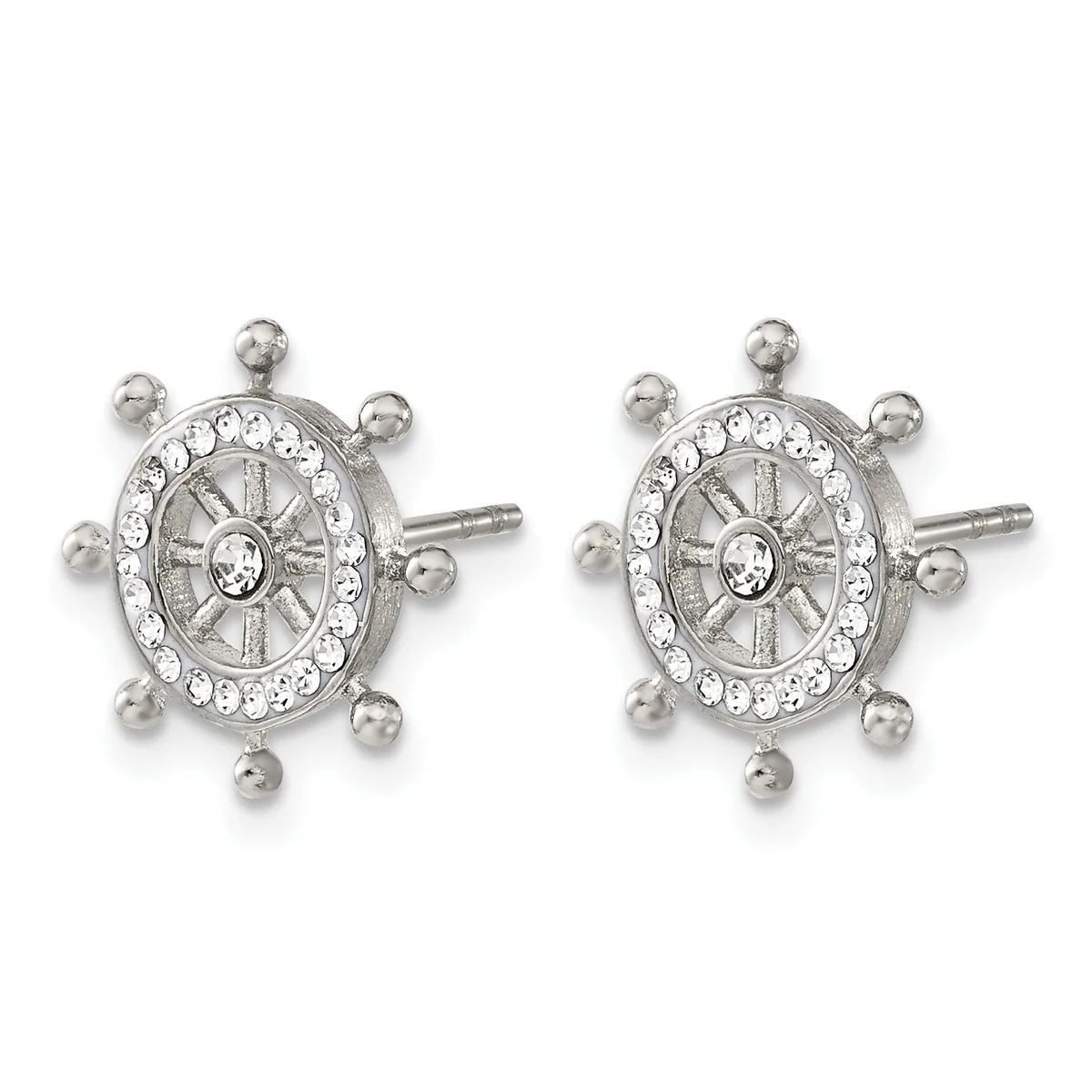 A pair of silver-toned ship wheel stud earrings with crystal rhinestones around the rim and pearl-like bead accents radiating from the center.