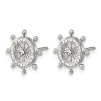 A pair of silver-toned ship wheel stud earrings with crystal rhinestones around the rim and pearl-like bead accents radiating from the center.