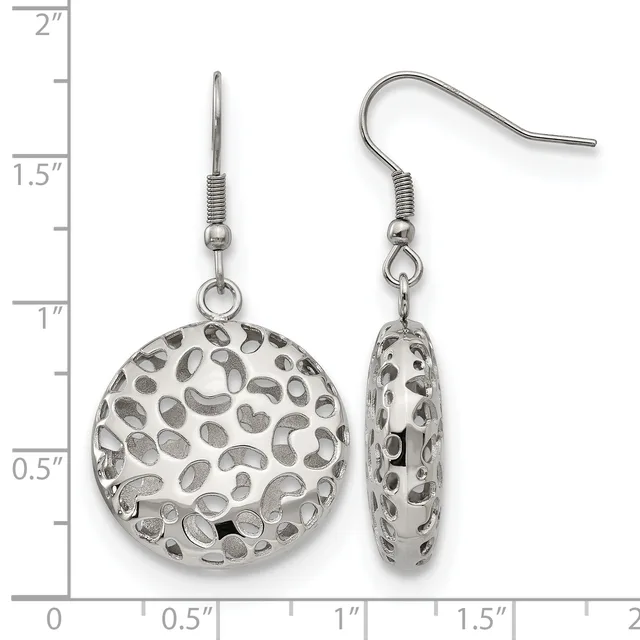 Pair of silver-toned round dangle earrings with openwork leopard spot pattern, shown front and side view against a measurement scale.
