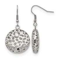 Pair of silver-toned drop earrings with fish hook closures and round filigree pendants featuring a leopard spot cutout pattern, shown from front and side views.
