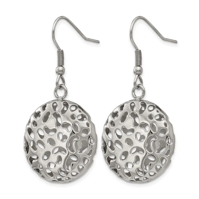 A pair of silver-toned filigree drop earrings with oval perforated pendants hanging from curved ear wires with coiled details.