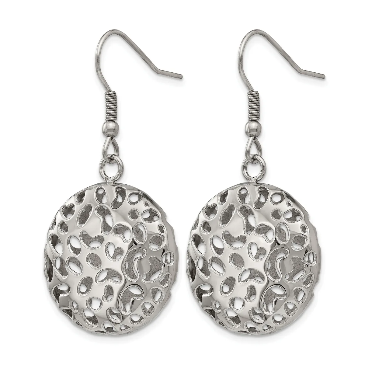 A pair of silver-toned filigree drop earrings with oval perforated pendants hanging from curved ear wires with coiled details.