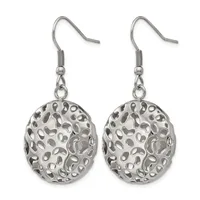 A pair of silver-toned filigree drop earrings with oval perforated pendants hanging from curved ear wires with coiled details.