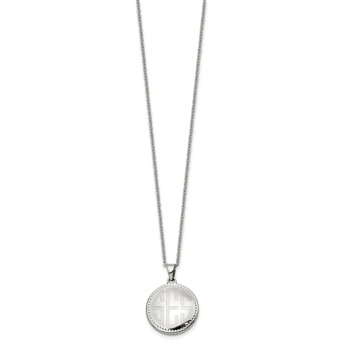 Silver-toned circular pendant necklace featuring a cross design on a round disc with beaded edge detailing, suspended from a thin chain.