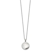 Silver-toned circular pendant necklace featuring a cross design on a round disc with beaded edge detailing, suspended from a thin chain.