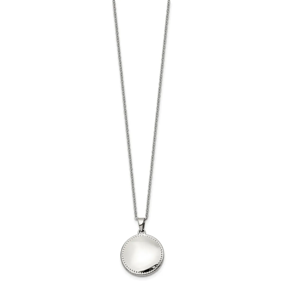 Silver necklace with a round pendant featuring a polished dome center surrounded by a beaded border.