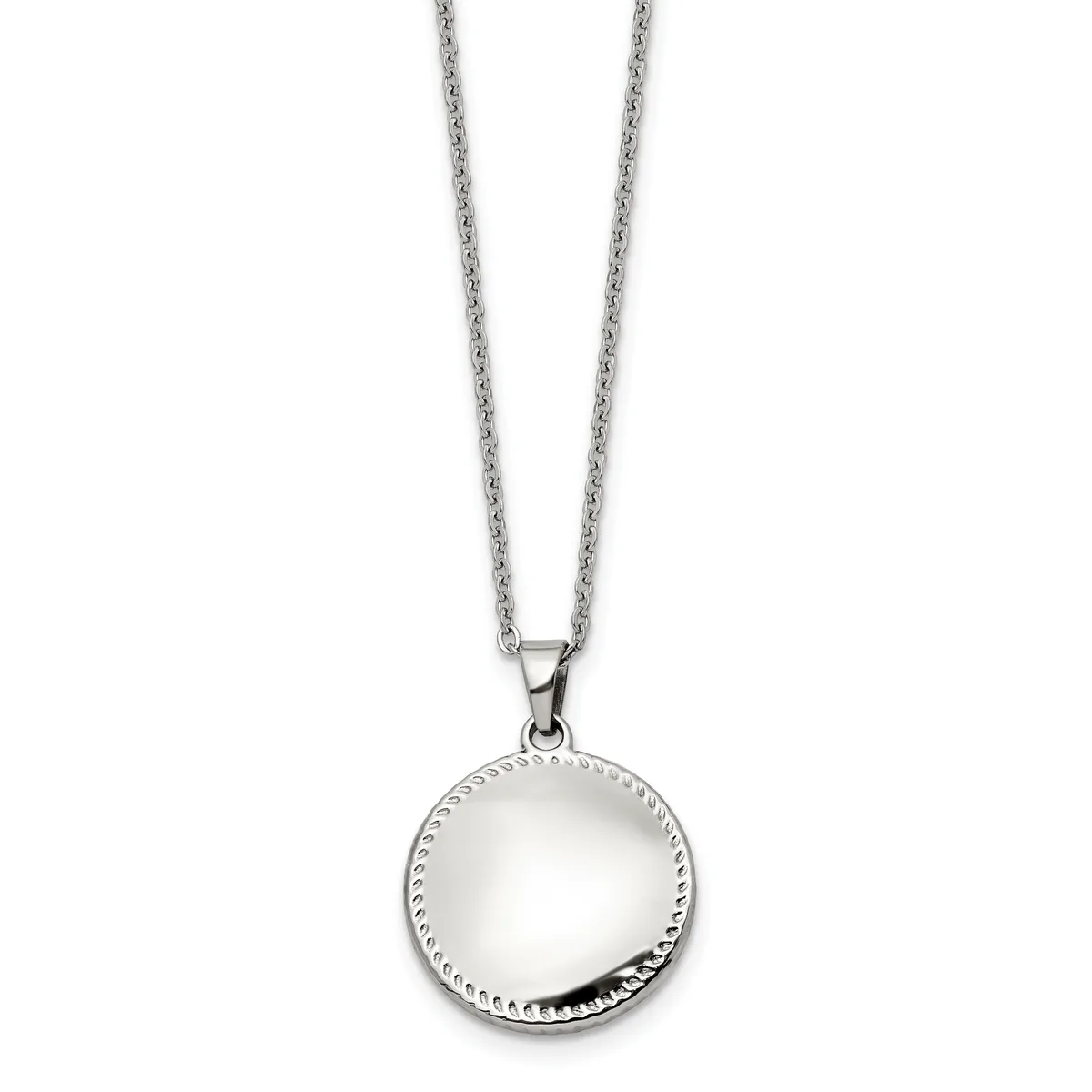 A silver chain necklace with a round pendant featuring a polished dome center surrounded by a beaded border.