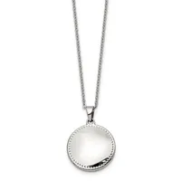 A silver chain necklace with a round pendant featuring a polished dome center surrounded by a beaded border.