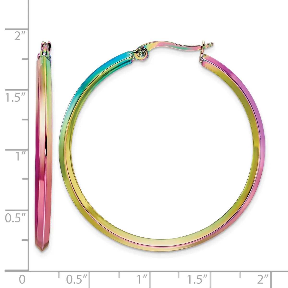 A pair of multicolored hoop earrings with a rainbow gradient finish, shown next to a ruler indicating they measure approximately 1.5 inches in diameter.