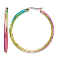 A pair of multicolored hoop earrings with rainbow gradient plating, shown from front and side views, featuring a hollow tubular design with post and clutch closures.