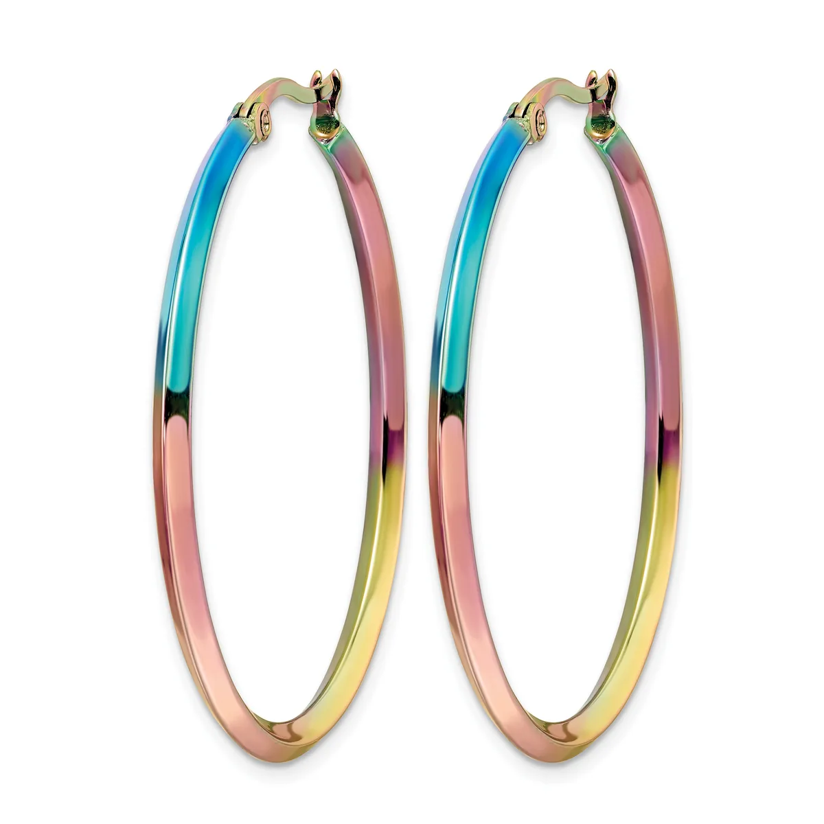 A pair of large oval hoop earrings with multicolored enamel coating in blue, pink, yellow, and black sections, featuring gold-toned metal posts and backs.