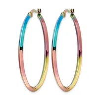 A pair of large oval hoop earrings with multicolored enamel coating in blue, pink, yellow, and black sections, featuring gold-toned metal posts and backs.