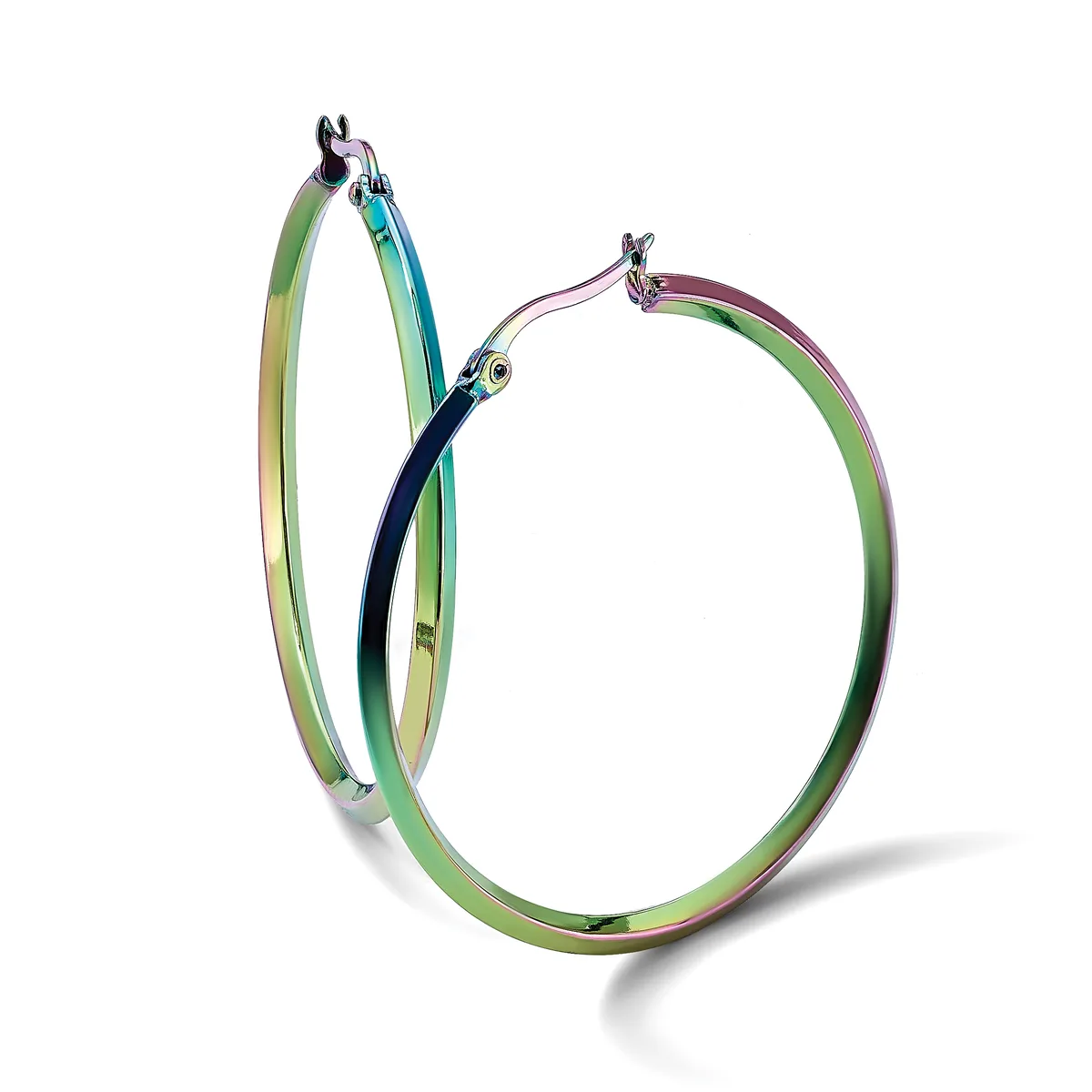 A pair of iridescent hoop earrings with multicolored gradient finishes in green, blue, and pink tones, displayed against a white background.