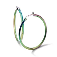 A pair of iridescent hoop earrings with multicolored gradient finishes in green, blue, and pink tones, displayed against a white background.