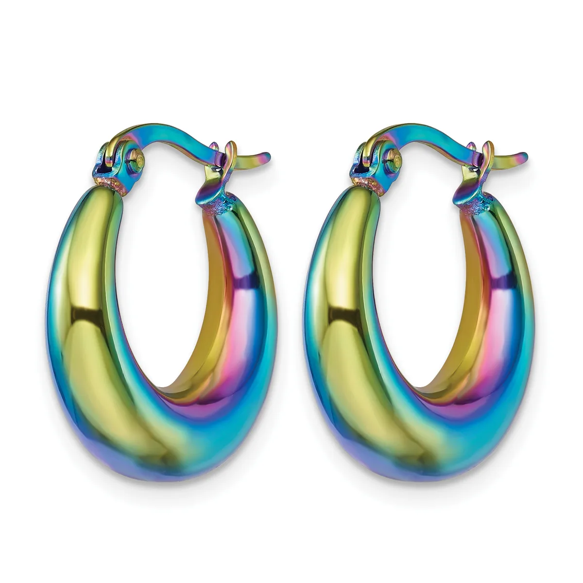 A pair of iridescent hoop earrings with multicolored gradient finish in blue, green, pink, and purple tones, displayed against a white background.
