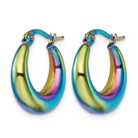 A pair of iridescent hoop earrings with multicolored gradient finish in blue, green, pink, and purple tones, displayed against a white background.