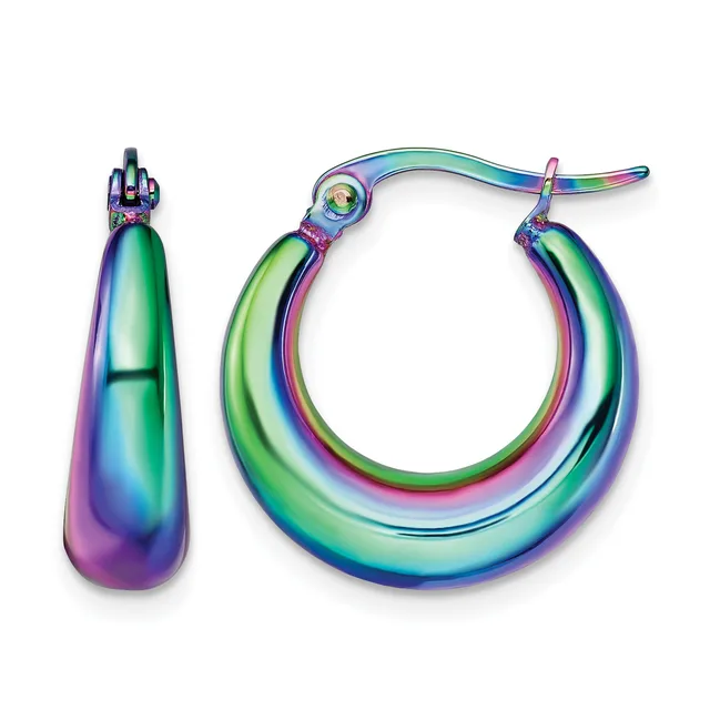 A pair of iridescent rainbow hoop earrings with a teardrop-shaped drop earring, all featuring a gradient finish in purple, green, and blue tones.