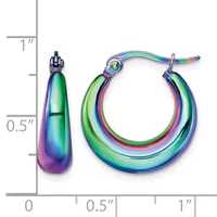 Pair of multicolored hoop earrings with iridescent gradient finish in purple, blue, green, and pink tones, displayed against a measurement scale.