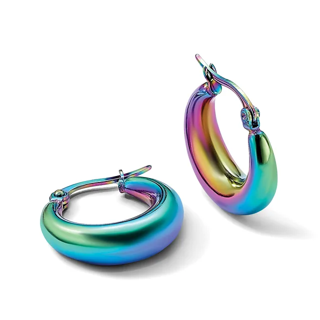 A pair of rainbow-colored hoop earrings with iridescent finish, displayed at different angles against a white background.