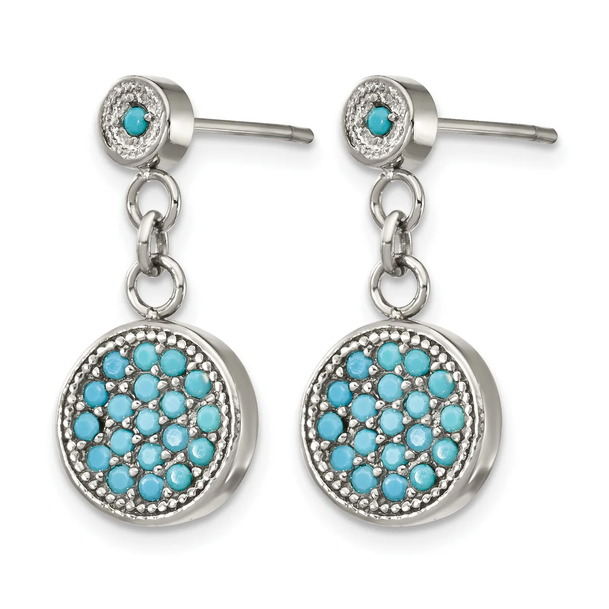 Pair of silver dangle earrings with turquoise cabochon studs and larger circular pendants paved with turquoise rounds and seed pearls.