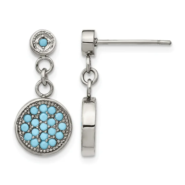 Pair of silver dangle earrings with turquoise stones, featuring small circular tops and larger ornate circular pendants studded with turquoise cabochons and small crystals, shown from front and side views.