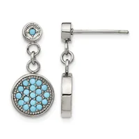 Pair of silver dangle earrings with turquoise stones, featuring small circular tops and larger ornate circular pendants studded with turquoise cabochons and small crystals, shown from front and side views.