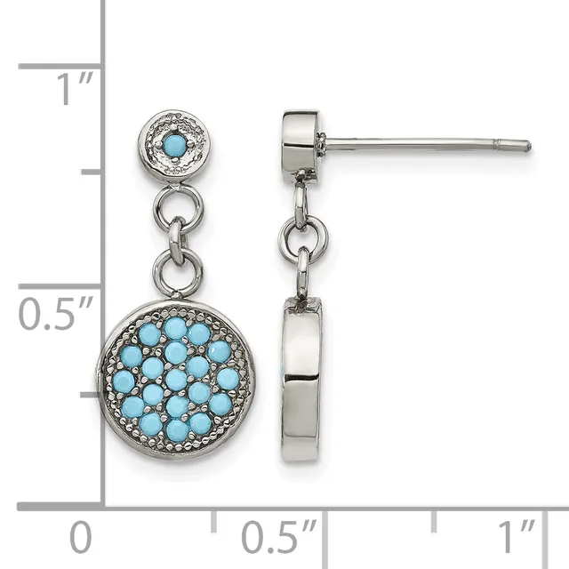 Silver drop earrings with turquoise stones, featuring a small round top stone and larger circular pendant with multiple turquoise cabochons surrounded by metalwork, shown with measurement scale.