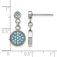 Silver drop earrings with turquoise stones, featuring a small round top stone and larger circular pendant with multiple turquoise cabochons surrounded by metalwork, shown with measurement scale.