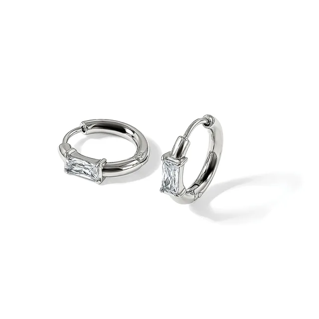 A pair of silver hoop earrings with rectangular baguette-cut crystals mounted on the front of each hoop, displayed against a white background.
