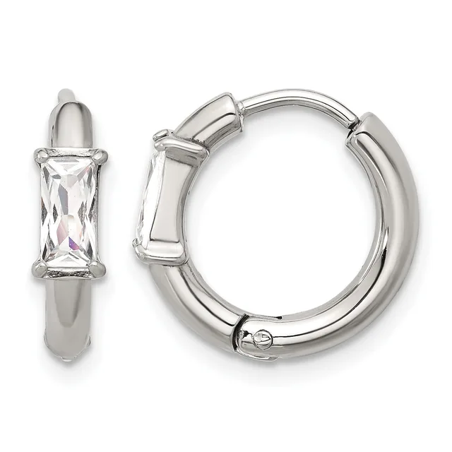 A pair of polished silver-tone hoop earrings with rectangular clear crystal stones set at the top and hinged closure backs, shown from front and side views.