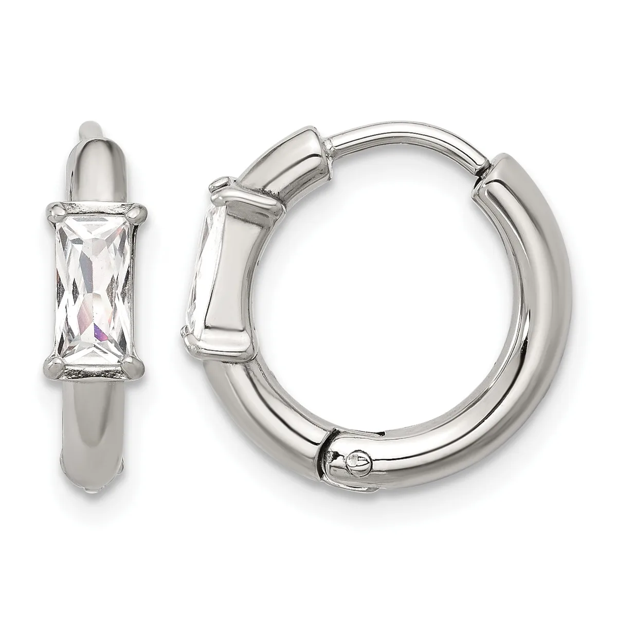 A pair of polished silver-tone hoop earrings with rectangular clear crystal stones set at the top and hinged closure backs, shown from front and side views.