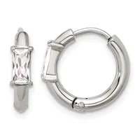 A pair of polished silver-tone hoop earrings with rectangular clear crystal stones set at the top and hinged closure backs, shown from front and side views.