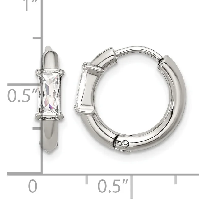 Silver-tone hoop earrings with rectangular clear crystal stones set in the center, shown with a measurement scale indicating approximately 0.5 inches in diameter.
