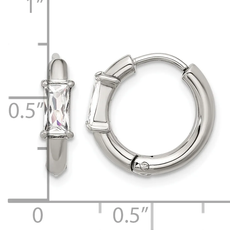 Silver-tone hoop earrings with rectangular clear crystal stones set in the center, shown with a measurement scale indicating approximately 0.5 inches in diameter.