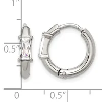 Silver-tone hoop earrings with rectangular clear crystal stones set in the center, shown with a measurement scale indicating approximately 0.5 inches in diameter.