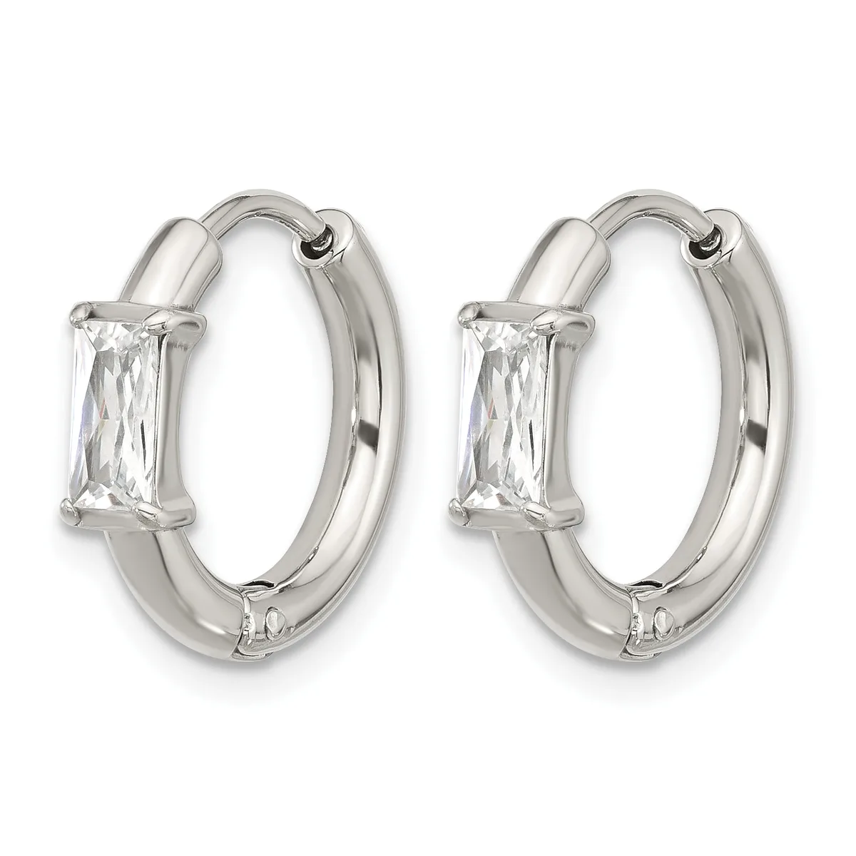 Pair of silver-toned hoop earrings with rectangular clear crystal stones set on the front of each hoop.