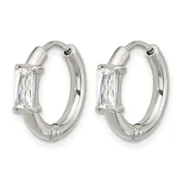 Pair of silver-toned hoop earrings with rectangular clear crystal stones set on the front of each hoop.