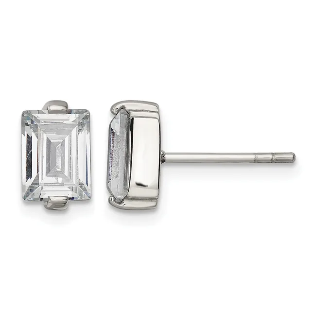 A pair of silver stud earrings with rectangular clear gemstones set in bezels, shown from front and side view on posts.